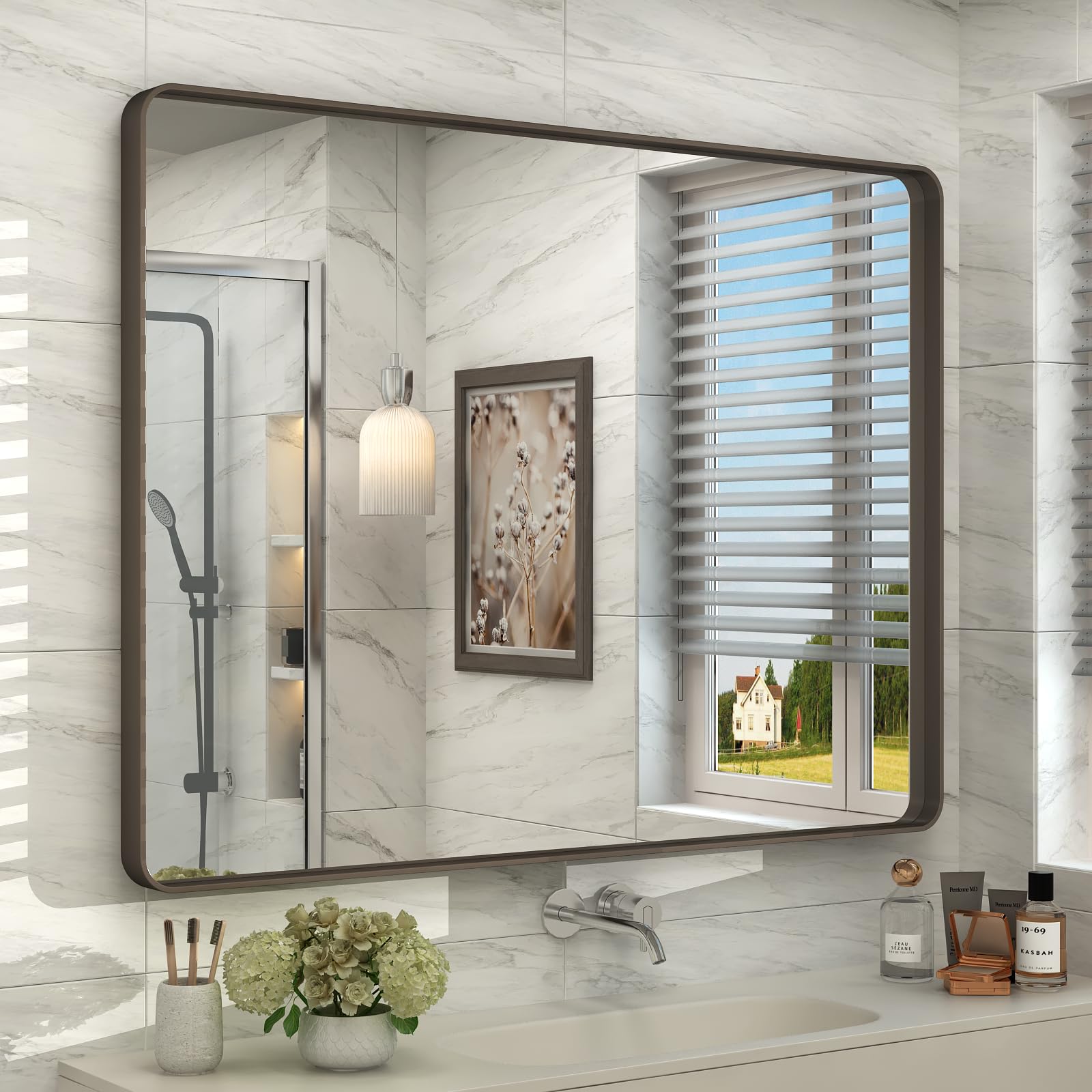 CHARMOR 44x36 Bronze Bathroom Mirror, Brushed Metal Bathroom Vanity Mirrors for Wall, Rounded Corner Bronze Rectangle Mirror for