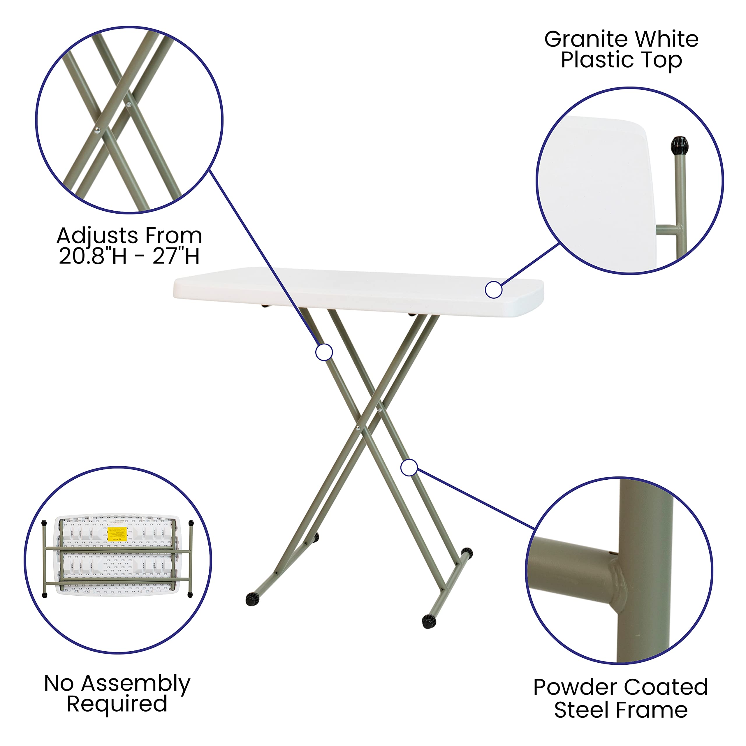 Flash Furniture Elon Folding Table - Granite White - Height Adjustable - 30 Inch - TV Tray - Commercial Grade Laptop Table