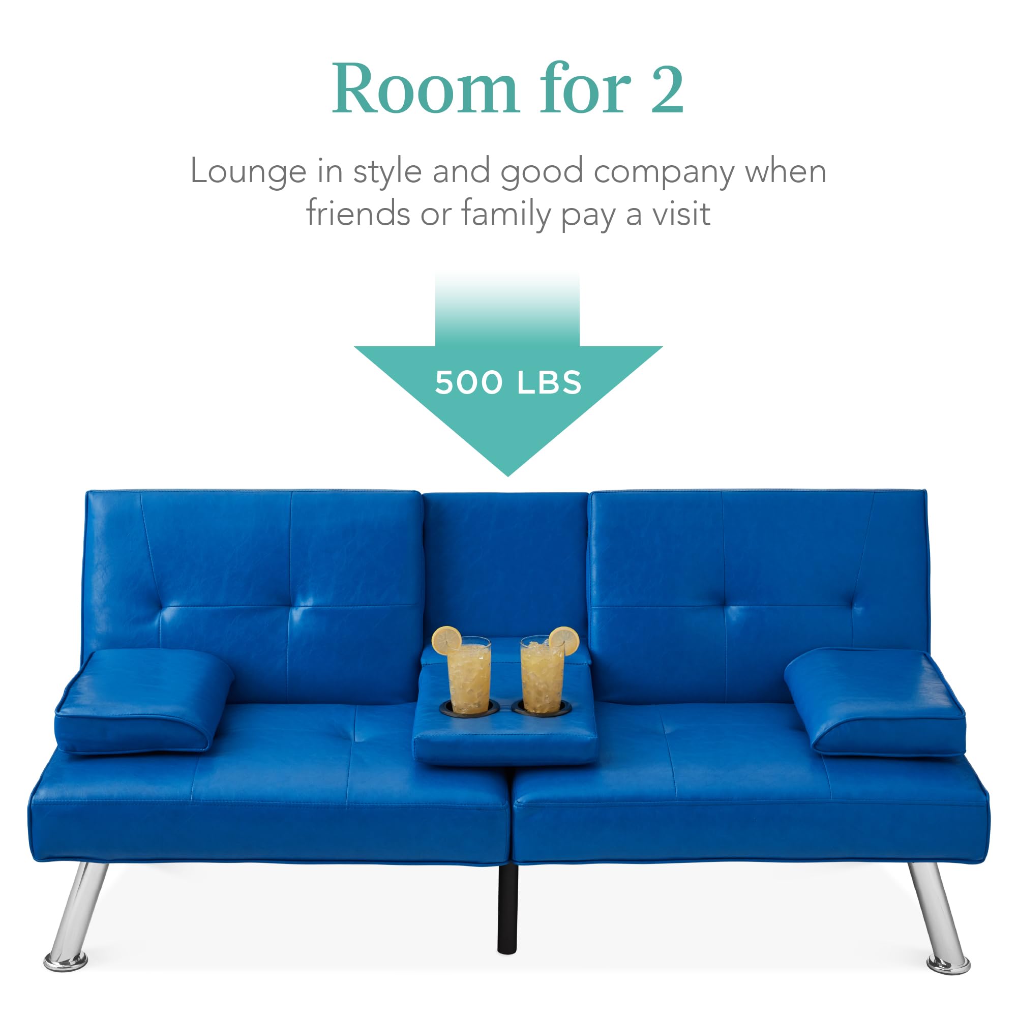 Best Choice Products Faux Leather Upholstered Modern Convertible Futon, Adjustable Folding Sofa Bed, Guest Bed W/Removable Armrests - Royal Blue