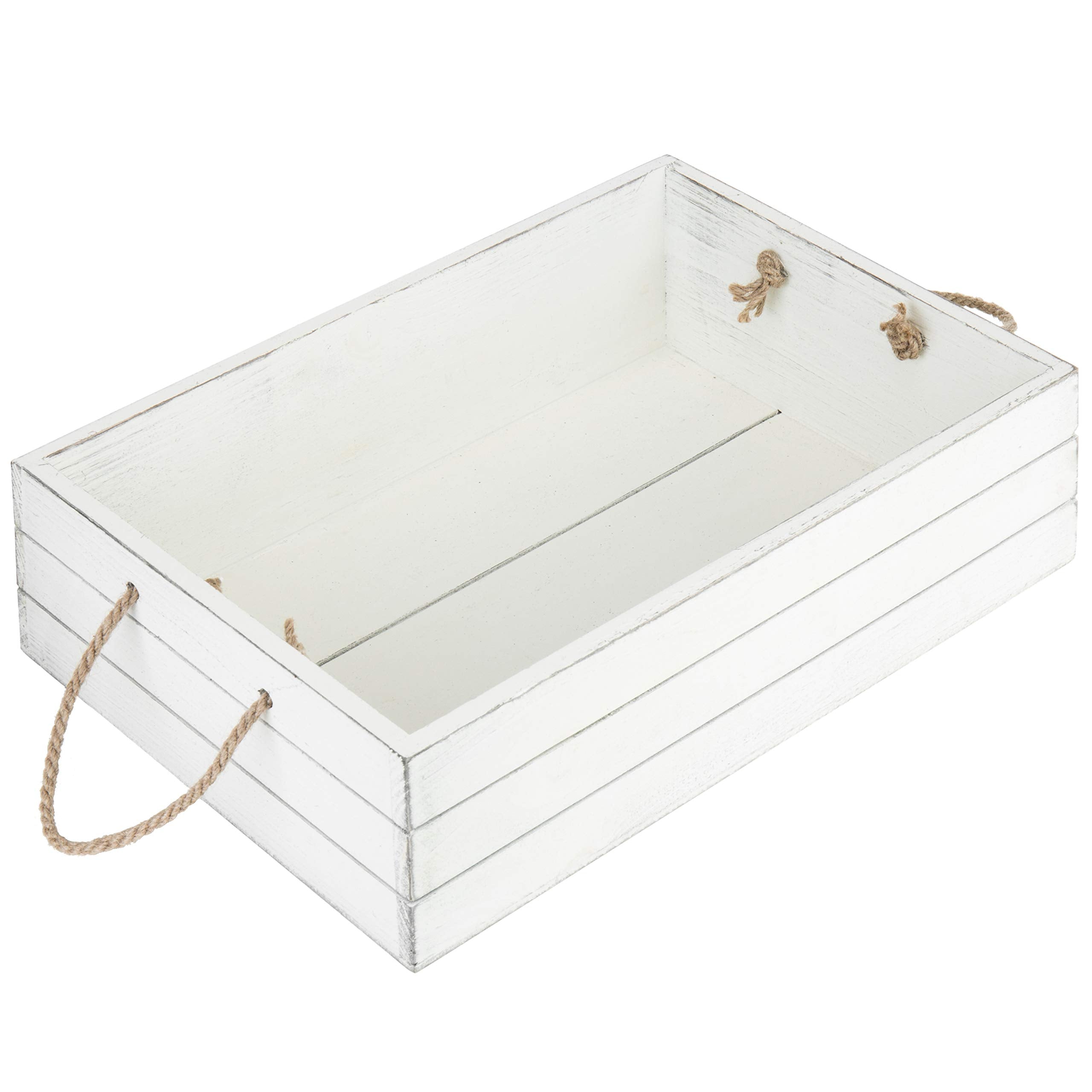 MyGift Vintage White Wood Decorative Storage Organizer Bin with Rope Handles, Open Top Small Crate Box for Bathroom Accessories,