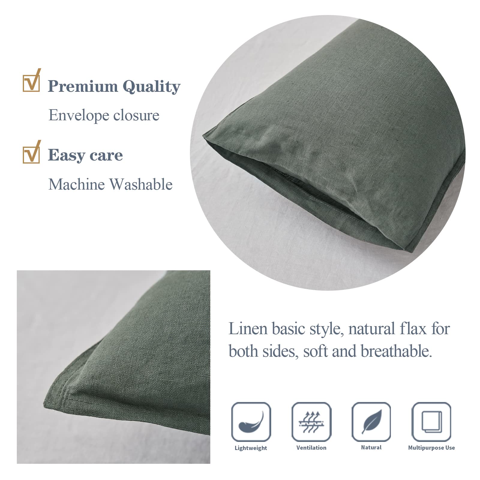 Simple&Opulence 100% Linen Lumbar Pillow Cover 12 X 20 Inches Set Of 2 Rectangular Decorative Throw Cushion Cover For Couch Sofa Bed Living Room Office Soft Breathable Farmhouse - Cushing Green