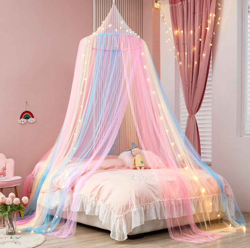 Rainbow Bed Canopy for Girls, Bed Canopy with Lights Canopy for Girls Room Bed Mosquito Netting for Twin Single Full Queen King 