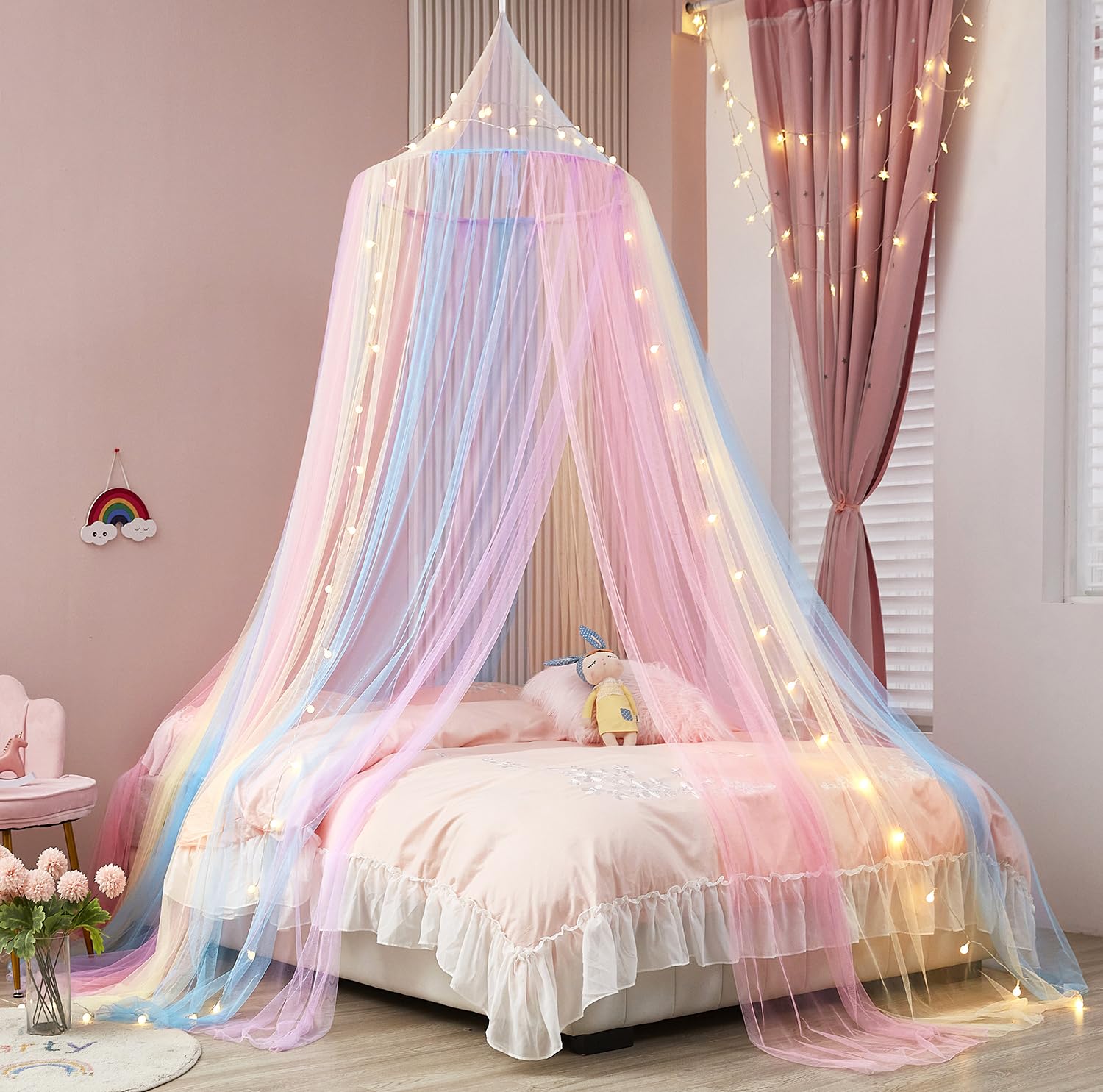 Rainbow Bed Canopy for Girls, Bed Canopy with Lights Canopy for Girls Room Bed Mosquito Netting for Twin Single Full Queen King 