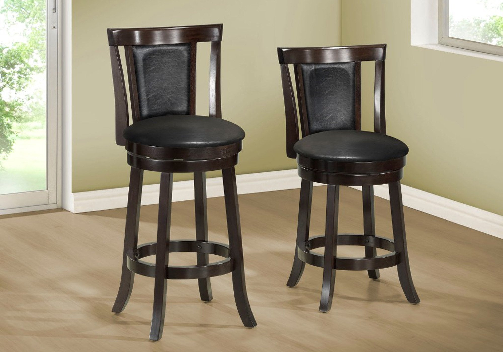 Monarch Specialties I Wood Swivel Barstools, 39'H, Cappucino/Black Leather-Look (Set of 2)
