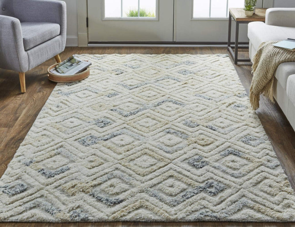HomeRoots 512764 10 x 14 ft. Ivory Gray & Black Wool Geometric Tufted Handmade Rectangle Area Rug