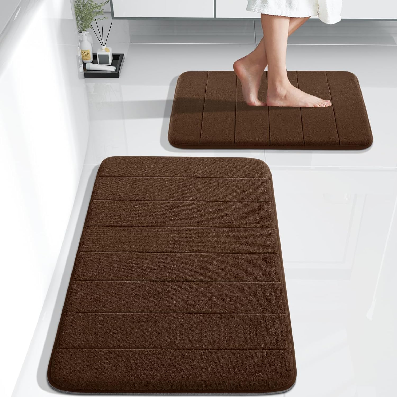 Onlyeasy 2 Piece, NonSlip, Water Absorbent, FastDrying, Machine Washable, Bath Rug, Bathmat, 17x24+31.5x19.8 Inches, Brown