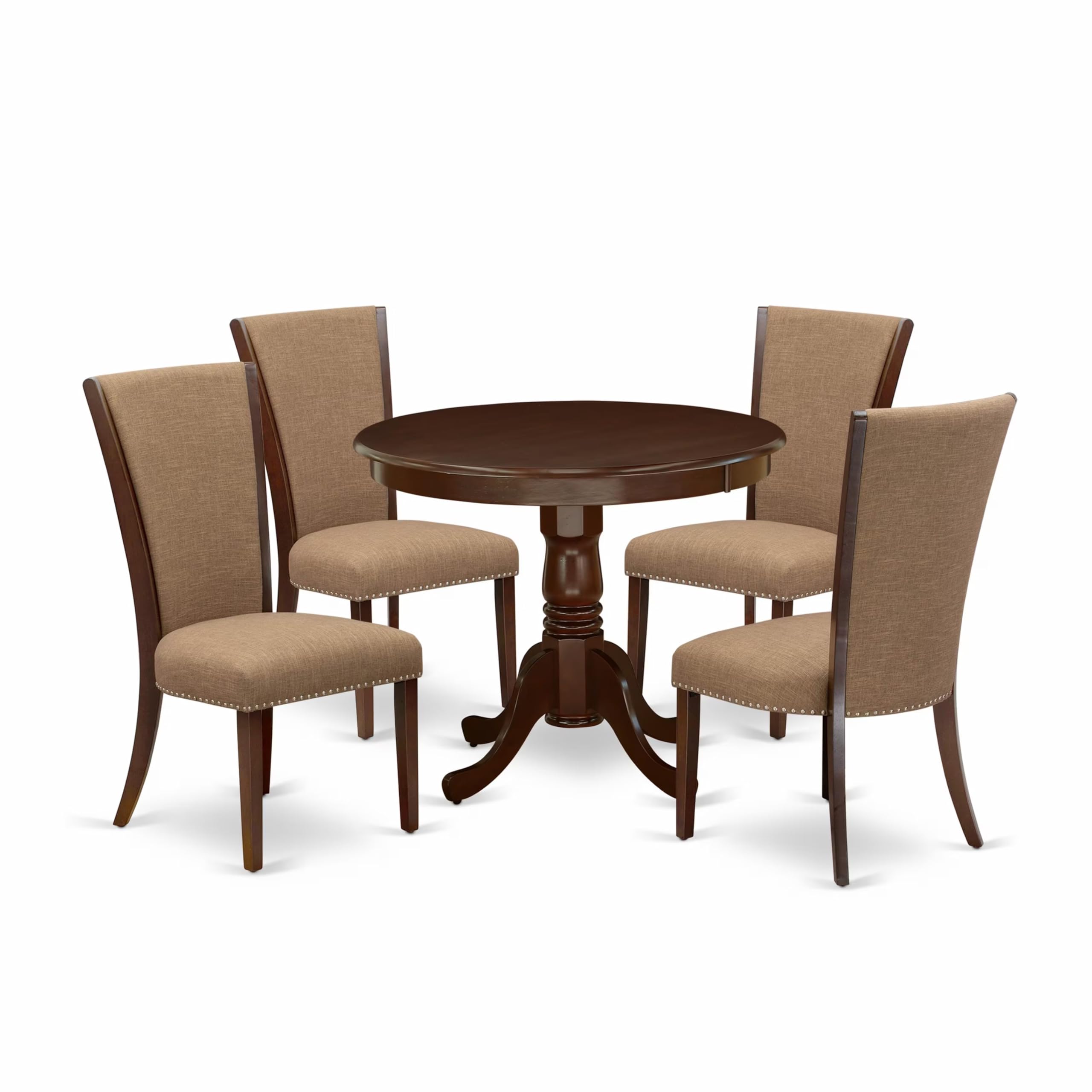 East West Furniture Anve5-Mah-47 5 Piece Kitchen Table & Chairs Set Includes A Round Dining Room Table With Pedestal And 4 Light Sable Linen Fabric Parsons Chairs, 36X36 Inch, Linen White