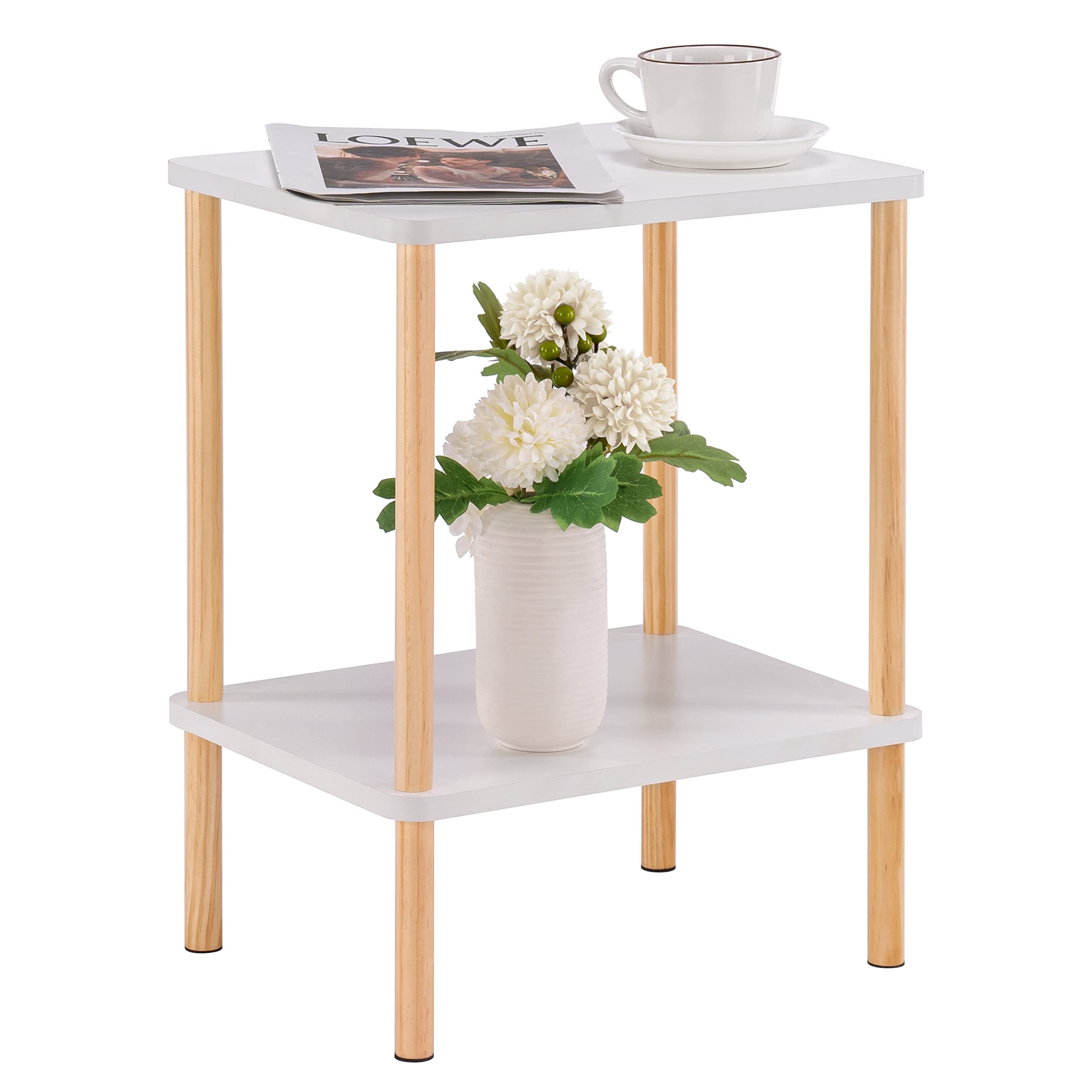Apicizon 2 Tier End Table, Boho Side Table With Storage Shelf, Nightstand Bedside Table For Small Spaces, Bedroom, Living Room, Entryway, Farmhouse, Easy Assembly, White+Natural