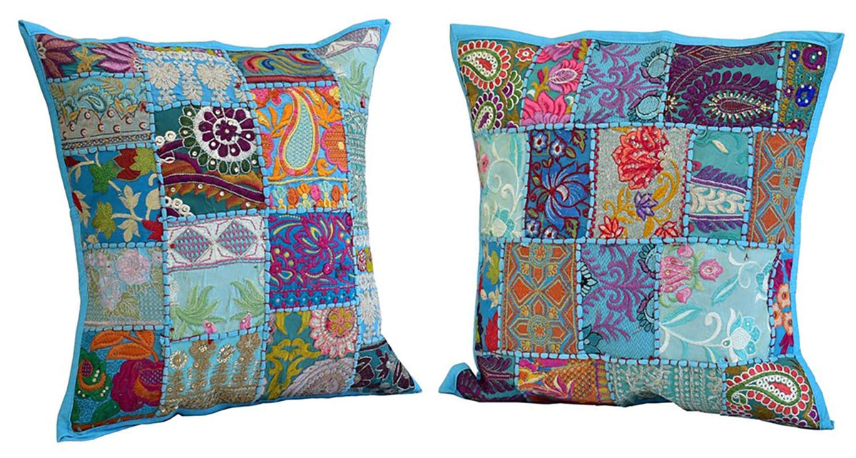 Samdecors 17X17 Set Of 2 Cotton Patchwork Khambadiya Square Cushion/Pillow Designer Covers Blue (Only Covers, Without Any Fill