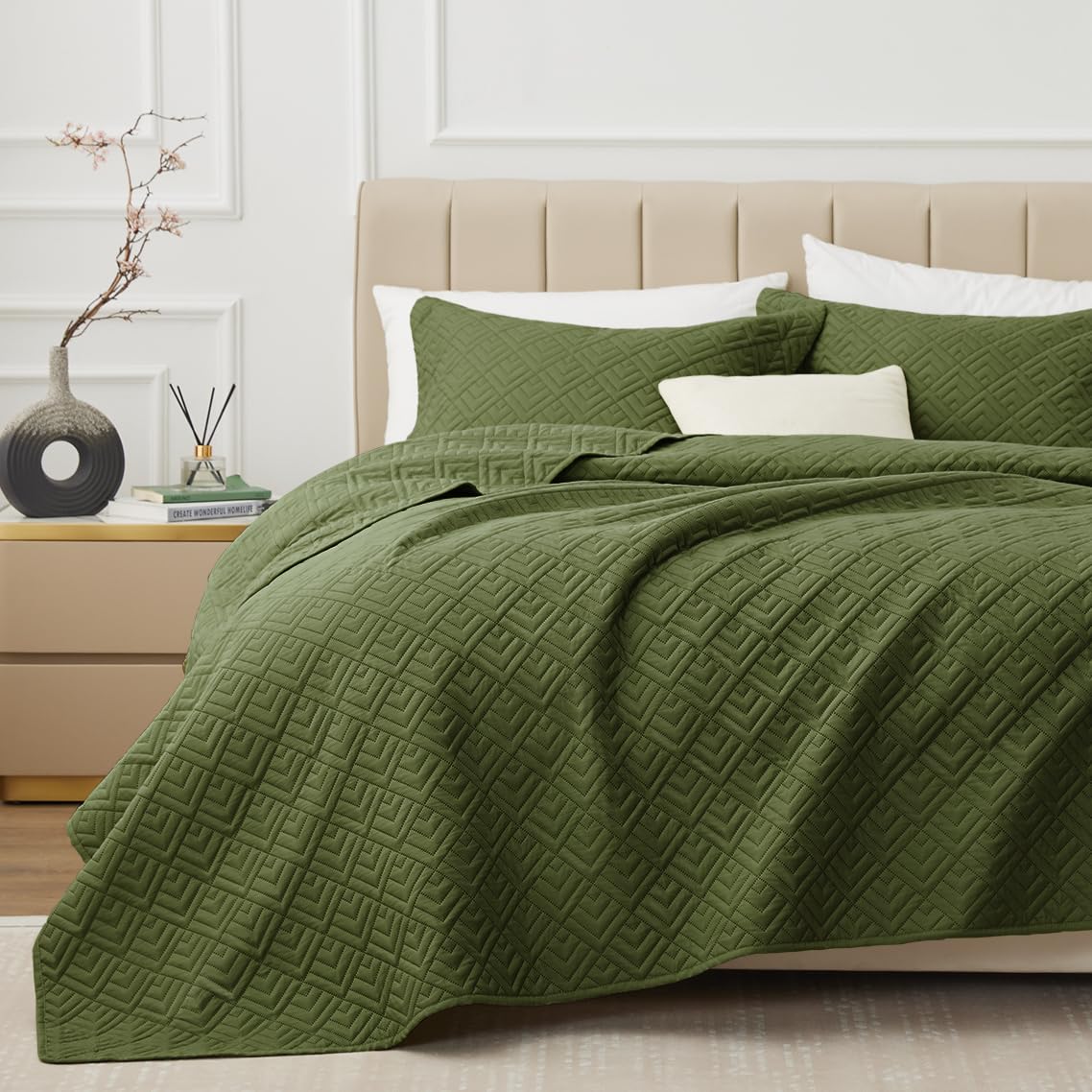 Exq Home Quilt Set King Size Forest Green 3 Piece,Lightweight Soft Coverlet Modern Style Squares Pattern Bedspread Set(1 Quilt,2