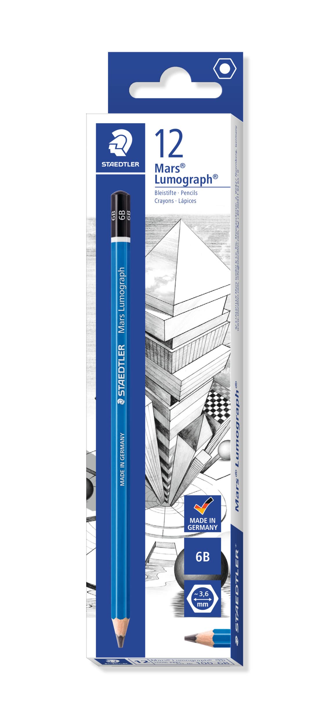 Staedtler Mars Lumograph 6B Graphite Art Drawing Pencil, Soft, Break-Resistant Bonded Lead, 12 Pack, 100-6B, Grey
