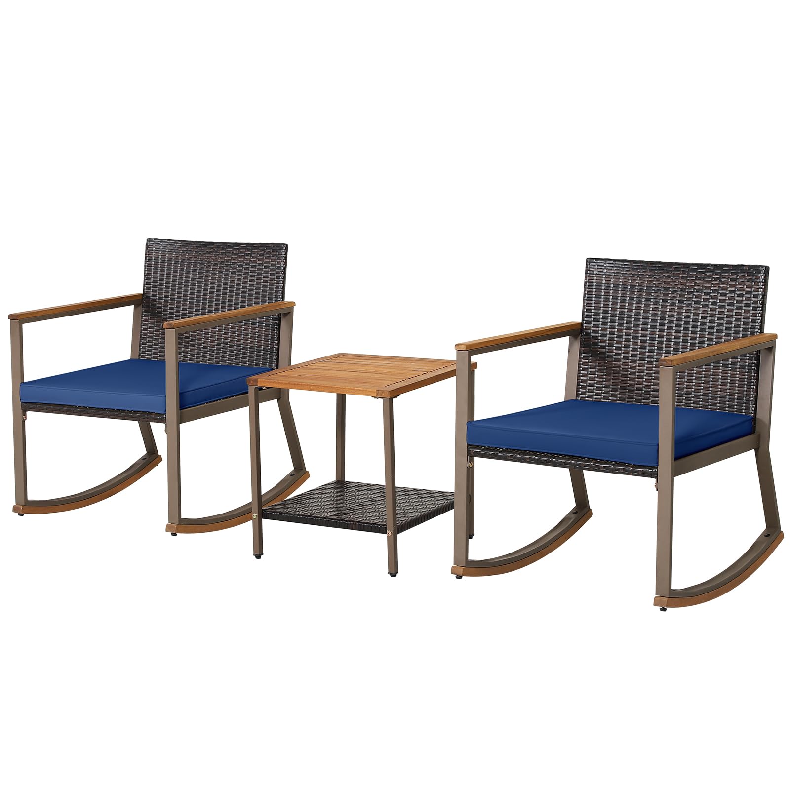 Happygrill 3 Pieces Rocking Bistro Set, Outdoor Pe Wicker Rocking Chair With Coffee Table, Soft Seat Cushions Included, Gentle & Smooth Rocking Furniture Set For Yard Porch