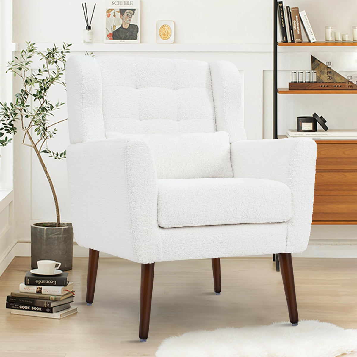 Cinkehome Modern Accent Arm Chair, Teddy Upholstered Armchair For Living Room, Bedroom, Lumbar Pillow, Solid Wood Legs, White