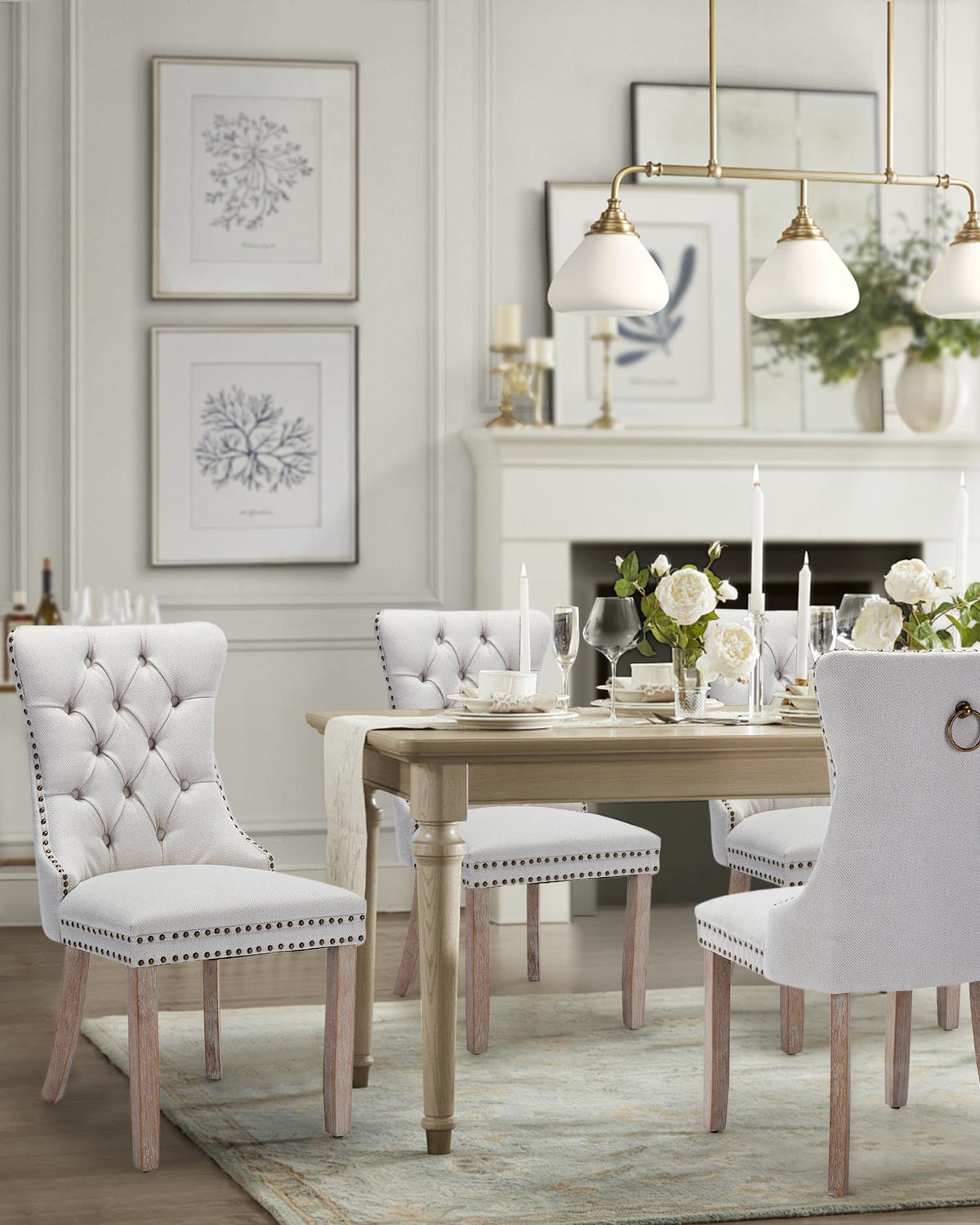 Vicbarley Linen Dining Chair Set Of 4 Upholstered Tufted Dining Room Chair With Nailhead Trim And Solid Wood Legs For Kitchen, R