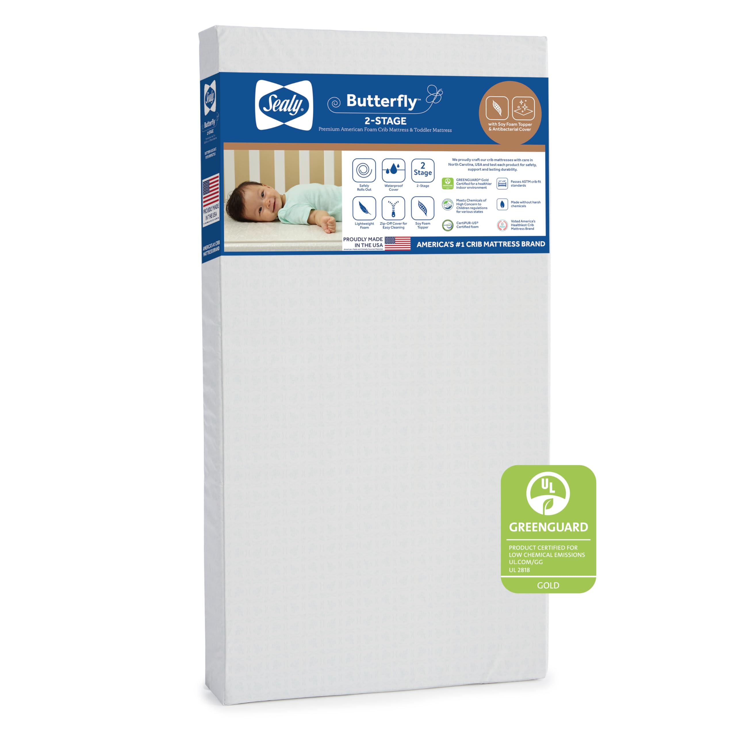 Sealy Baby Butterfly Antibacterial 2 Stage Waterproof Crib Mattress Plus Toddler Bed Fit, Ultra Firm Orthopedic Foam, Greenguard