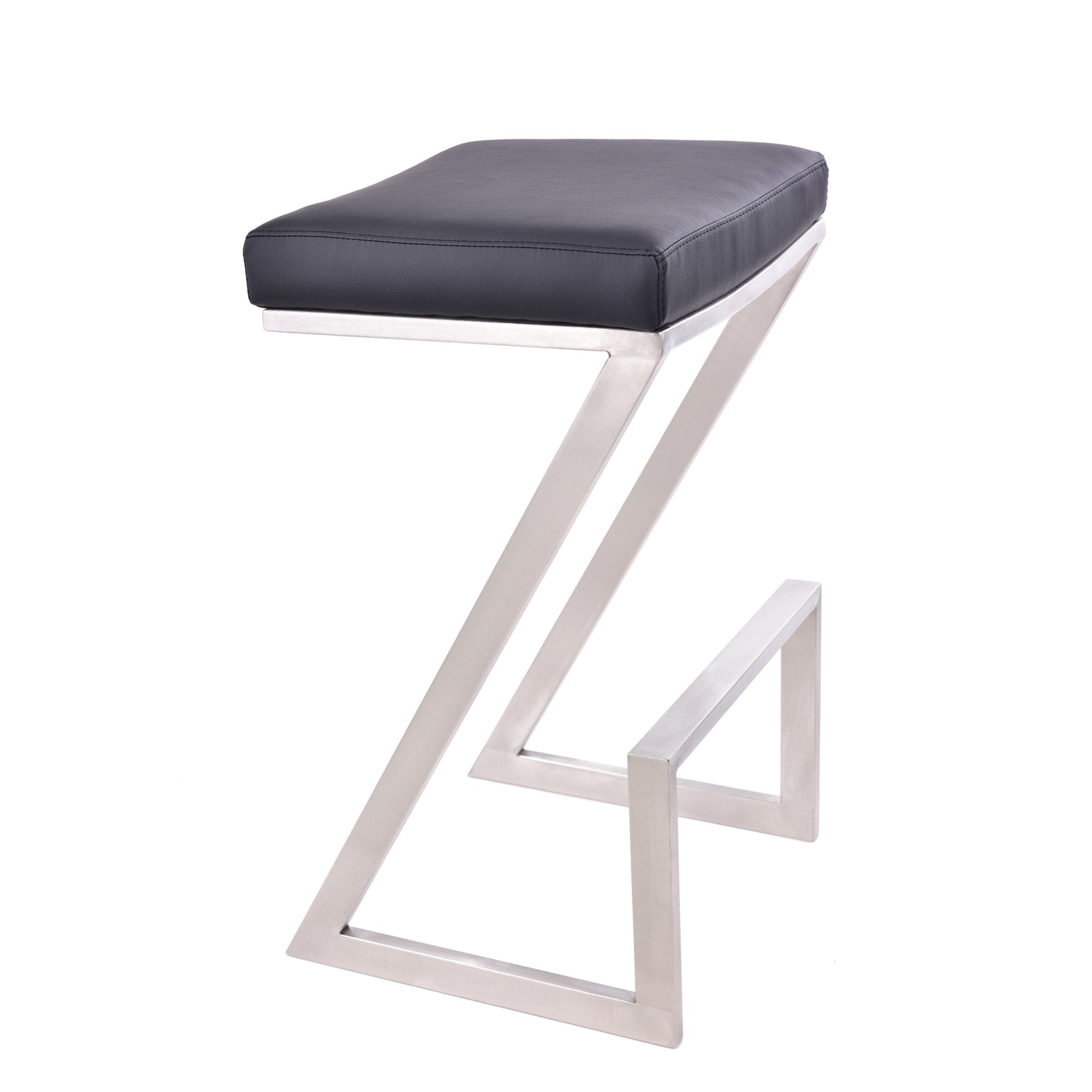 Armen Living Atlantis 26'' Counter Height Barstool in Black Faux Leather and Brushed Stainless Steel Finish