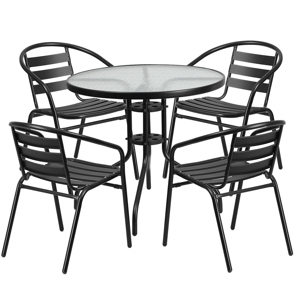 Flash Furniture 31.5'' Round Glass Metal Table with 4 Black Metal Aluminum Slat Stack Chairs
