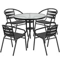 Flash Furniture 31.5'' Round Glass Metal Table with 4 Black Metal Aluminum Slat Stack Chairs