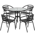 Flash Furniture 31.5'' Round Glass Metal Table with 4 Black Metal Aluminum Slat Stack Chairs