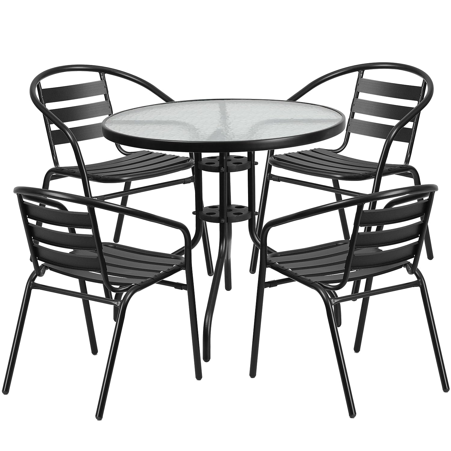 Flash Furniture 31.5'' Round Glass Metal Table with 4 Black Metal Aluminum Slat Stack Chairs