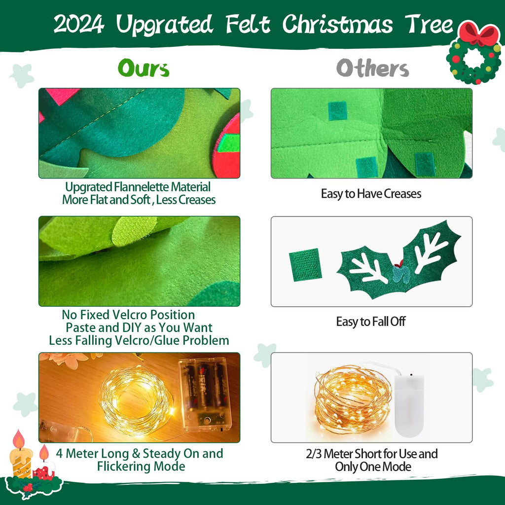 Felt Christmas Tree For Kids Wall, Upgraded Felt Tree Kit With Lights + Advent Calendar + 32 Ornaments, Diy Felt Tree Set Christ