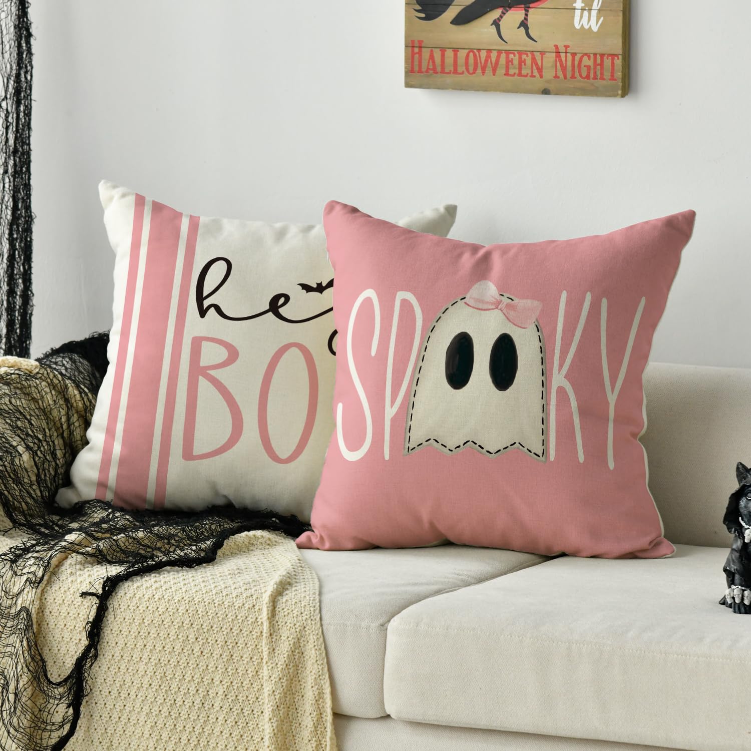 Avoin Colorlife Halloween Hey Boo Cute Ghost Spooky Pink Throw Pillow Covers, 18 X 18 Inch Horror Scary Cushion Case For Sofa Co