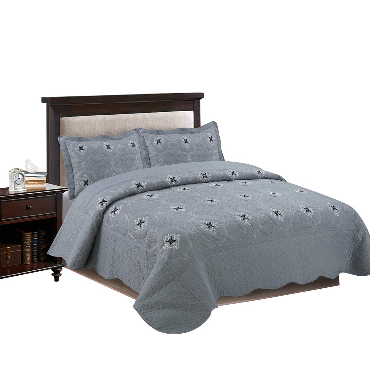 Marcielo 3-Piece Fully Quilted Embroidery Quilts Bedspreads Bed Coverlets Cover Set, Cal King Size, White, Black, Emma(Oversize,