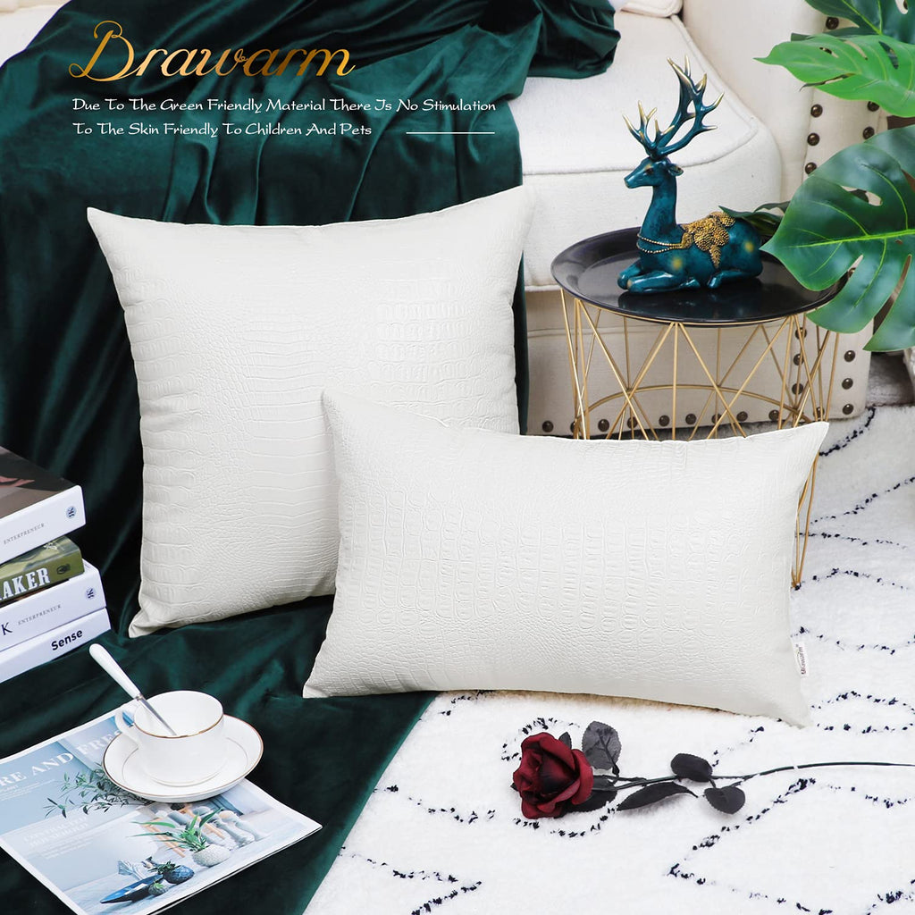 Brawarm Faux Leather Pillow Covers 20 X 20 Inches, White Leather Pillow Covers Pack Of 2, Crocodile Leather Decorative Throw Pil