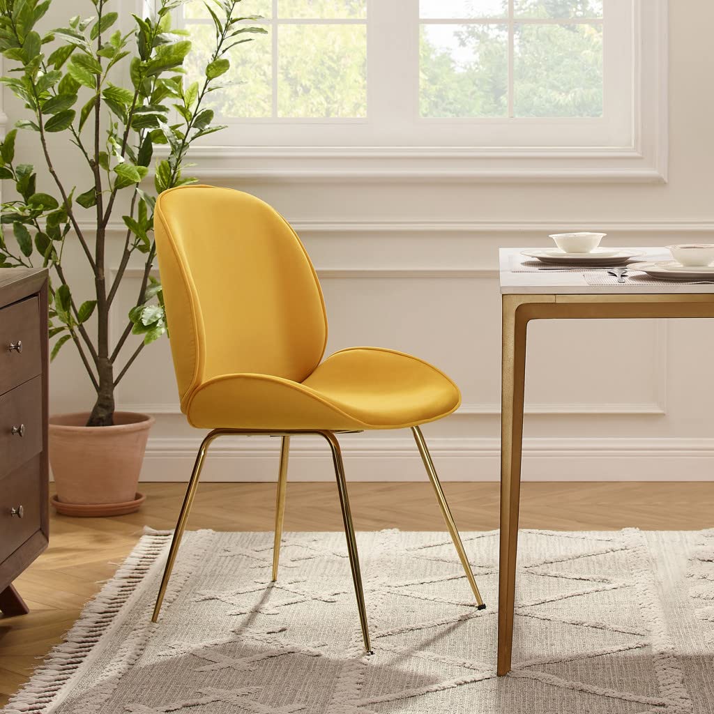 HomeRoots Velvet Seat, Metal Legs Gold and Yellow Velvet Shell Shape Dining or Side Chair