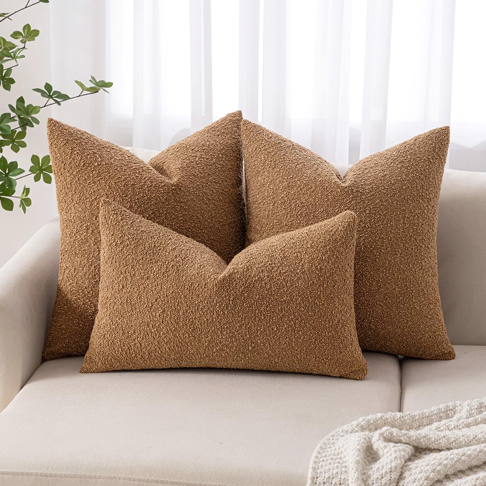 Miulee 24X24 Inch Decorative Pillow Covers For Couch Bed Set Of 2 Textured Boucle Neutral Throw Pillows Brown Accent Solid Euro Cushion Vintage Pillowcase Cozy Soft Chair Sofa Livingroom Home Decor