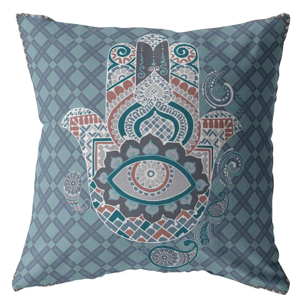 HomeRoots Muted Blue Broadcloth 20â€ Slate Blue Hamsa Indoor Outdoor Throw Pillow