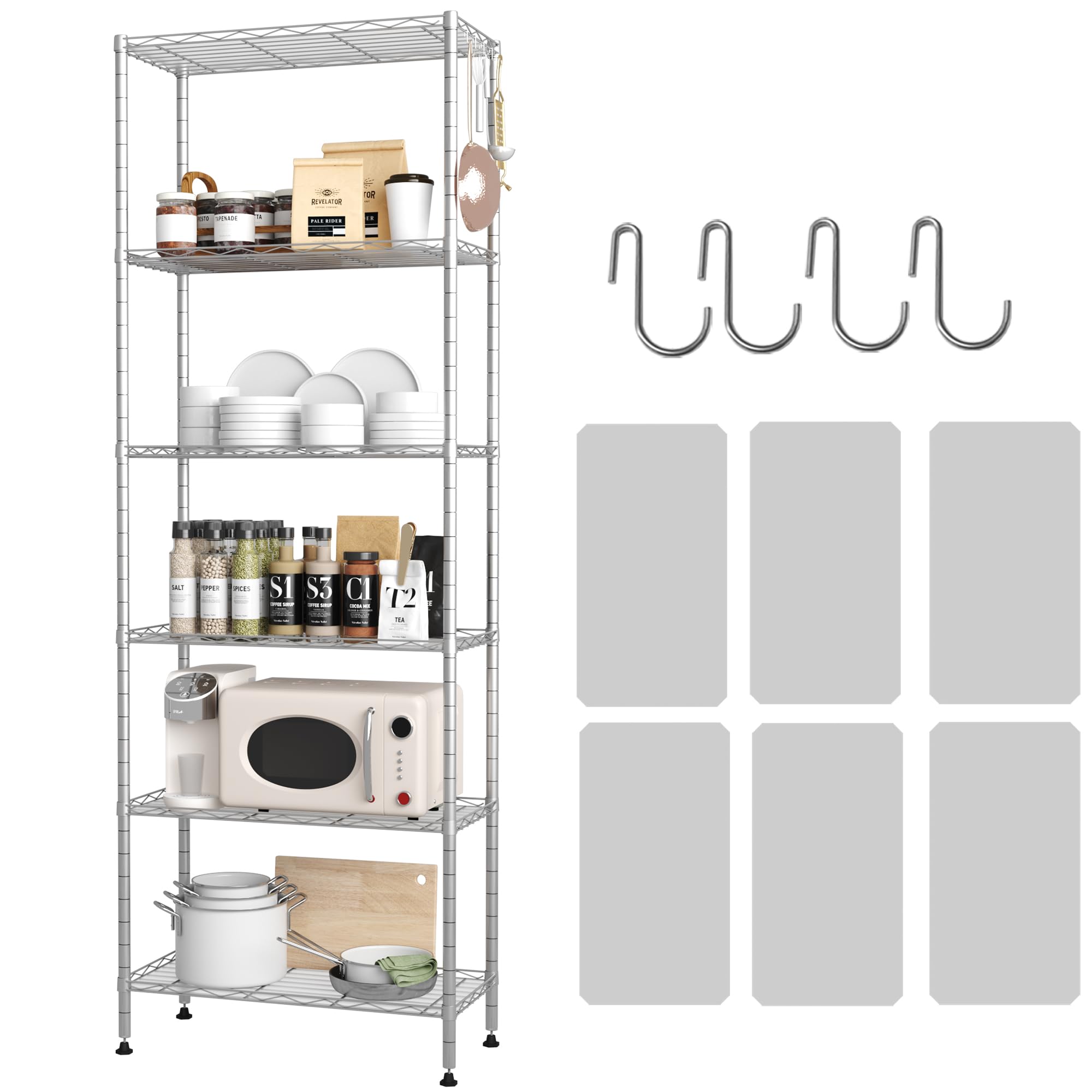 Homefort 6-Shelving Unit, Adjustable Wire Shelving, Metal Wire Shelf With Shelf Liners And Hooks For Kitchen, Closet, Bathroom, Laundry,Sliver,21' W X 11' D X 69' H