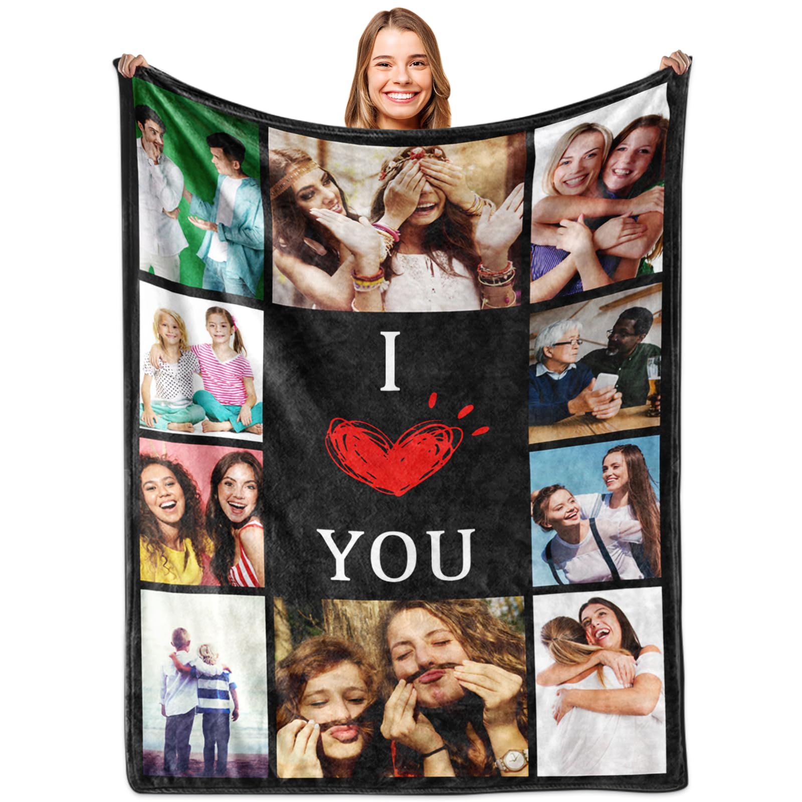 Yoke Style Custom Photo Blankets For Women, Personalized Throw Blankets With Pictures & I Love You Text, Anniversary Birthday Cu