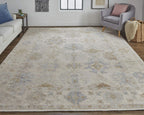 HomeRoots 514966 9 x 12 ft. Ivory Tan & Blue Floral Hand Knotted Stain Resistant Rectangle Area Rug