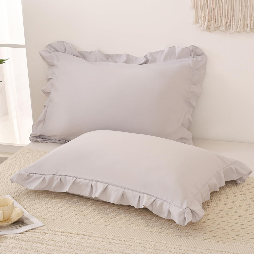 Beige Gray Pillow Shams Cute Ruffle Standard Pillowcases Solid Pillow Cover Set Of 2 Shabby Chic Soft Light Gray Pillowcases 2 P