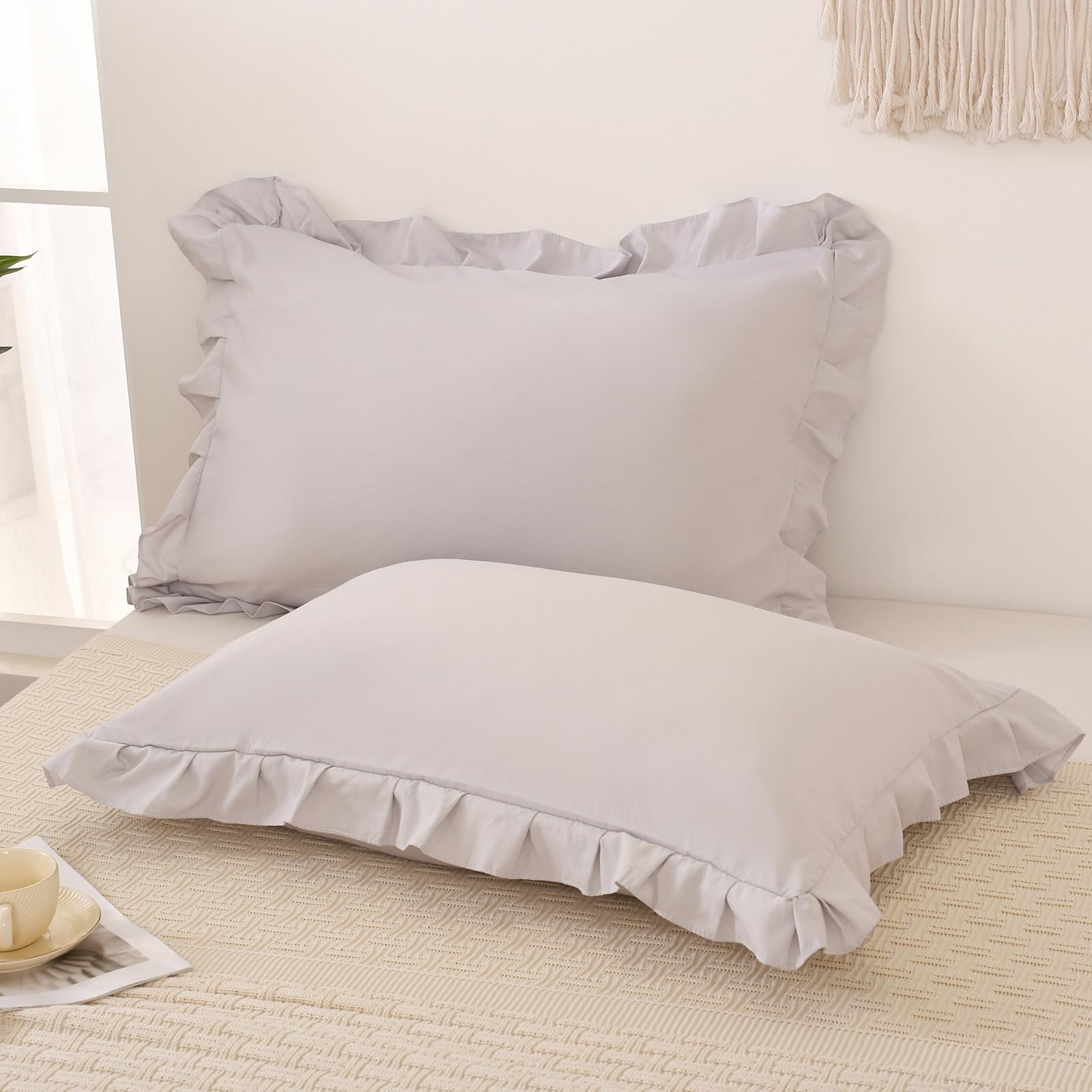 Beige Gray Pillow Shams Cute Ruffle Standard Pillowcases Solid Pillow Cover Set Of 2 Shabby Chic Soft Light Gray Pillowcases 2 P