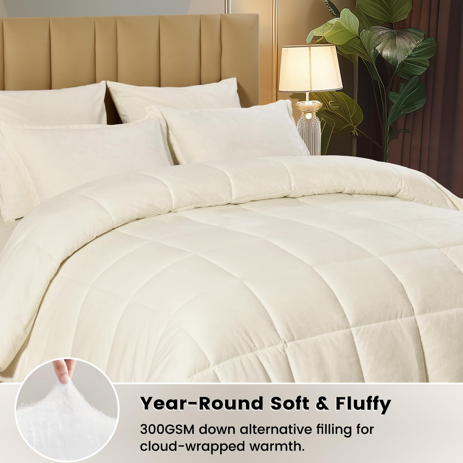 Phf Velvet Comforter Set Queen Size, 5 Piece Soft Luxury Silk Bedding Comforter Sets, Winter Warm Fluffy Bed In A Bag Including 1 Cozy Comforter, 2 Pillow Shams, 2 Euro Shams For Home Decor, Cream