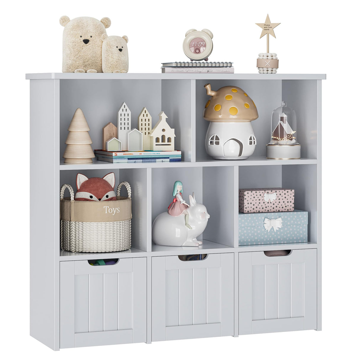 FOTOSOK Toy Storage Organizer with 3 Movable Drawers, Floor Storage Cabinet Toy Chest with Hidden Wheels and 5 Storage Cubbies, 