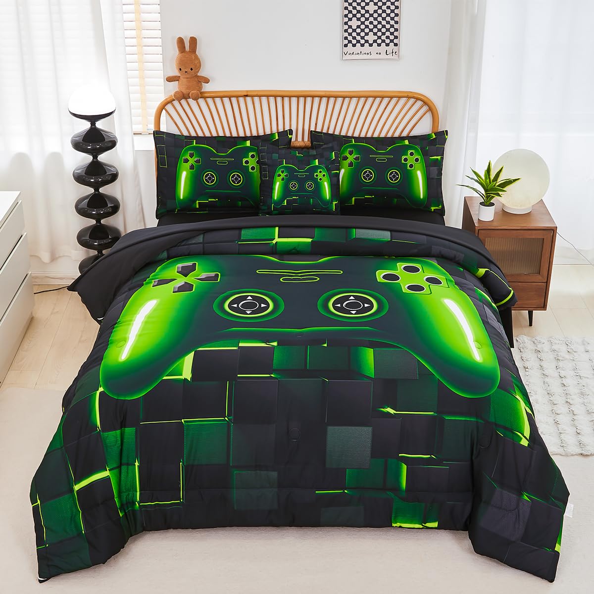 Perfemet 6 Pieces Twin Gaming Bedding Set Green Game Console Kids Bed In A Bag 3D Black Gamer Comforter Set With Sheets For Boys