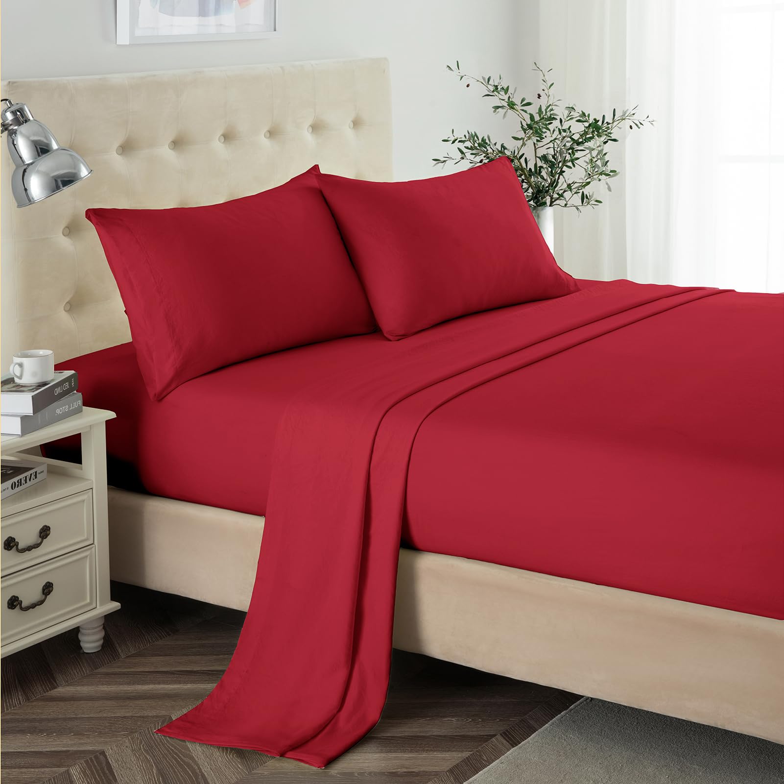 Lanest Housing Twin Sheets Sets, 2400 Thread Count Soft Deep Pocket Microfiber Sheets, 3 Pieces Red Bedding Sheets & Pillowcase
