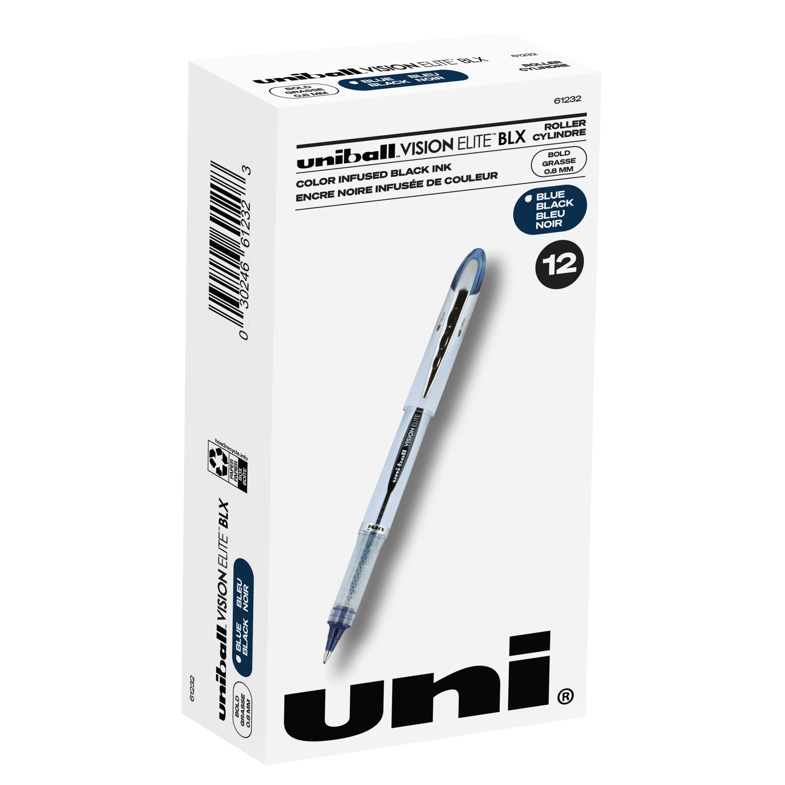 Uni-Ball Vision Elite Blx Infusion Rollerball Pens Bold Point, 0.8Mm, Blue/Black, 12 Pack