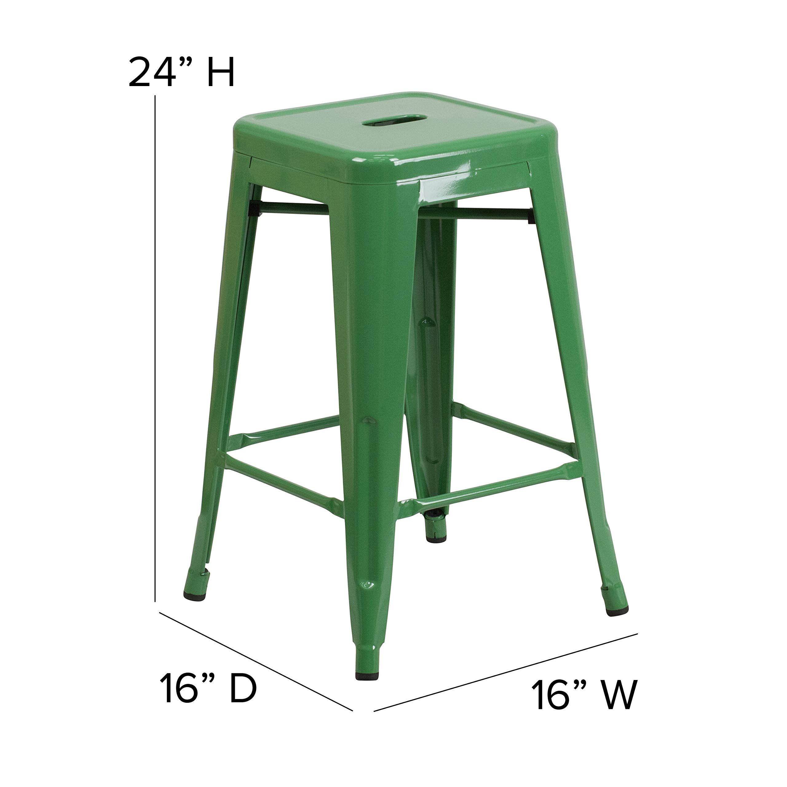 Flash Furniture Kai Commercial Grade 24&quot; High Backless Green Metal Indoor-Outdoor Counter Height Stool With Square Seat