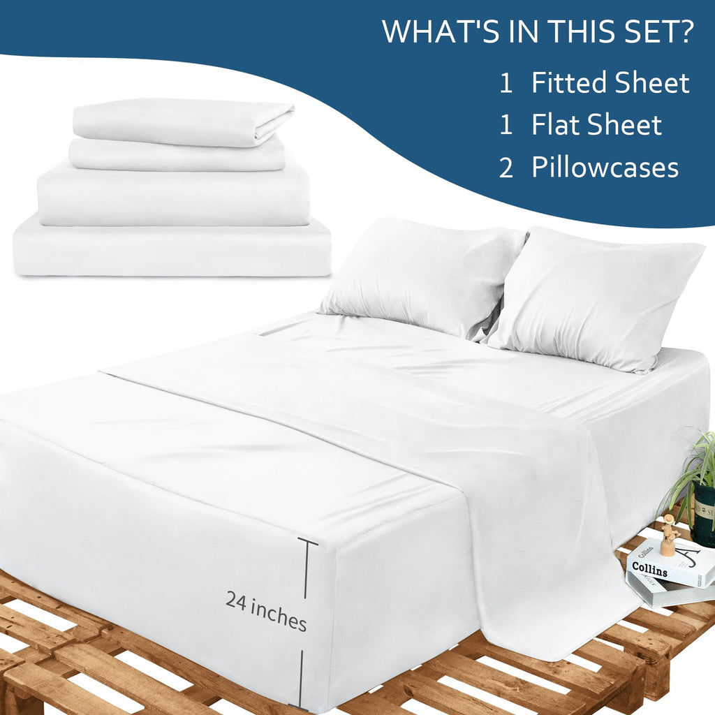Full Sheet Set Deep Pocket - 4 Piece Extra Soft Full Bed Sheets - Side Storage Pocket Fitted Sheet & Pillowcase & Flat Sheet - Easily Fits 16In To 24In Pillow Top Air Bed Mattress - White