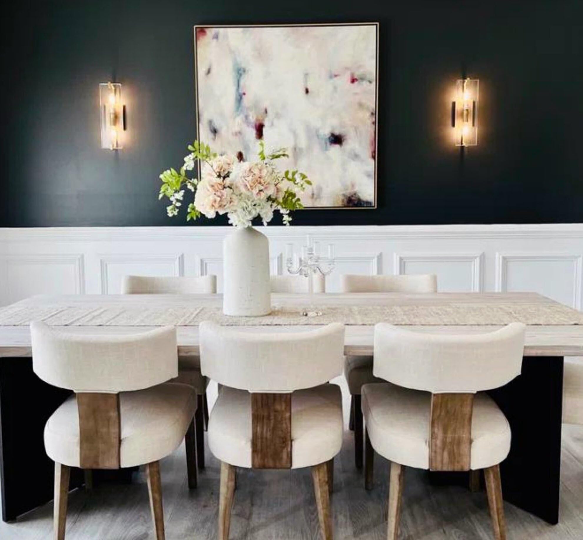 Hny Mid Century Modern Dining Chairs Set Of 6, Farmhouse Linen Fabric Upholstered Accent Curved Backrest Kitchen Chairs, With Ha