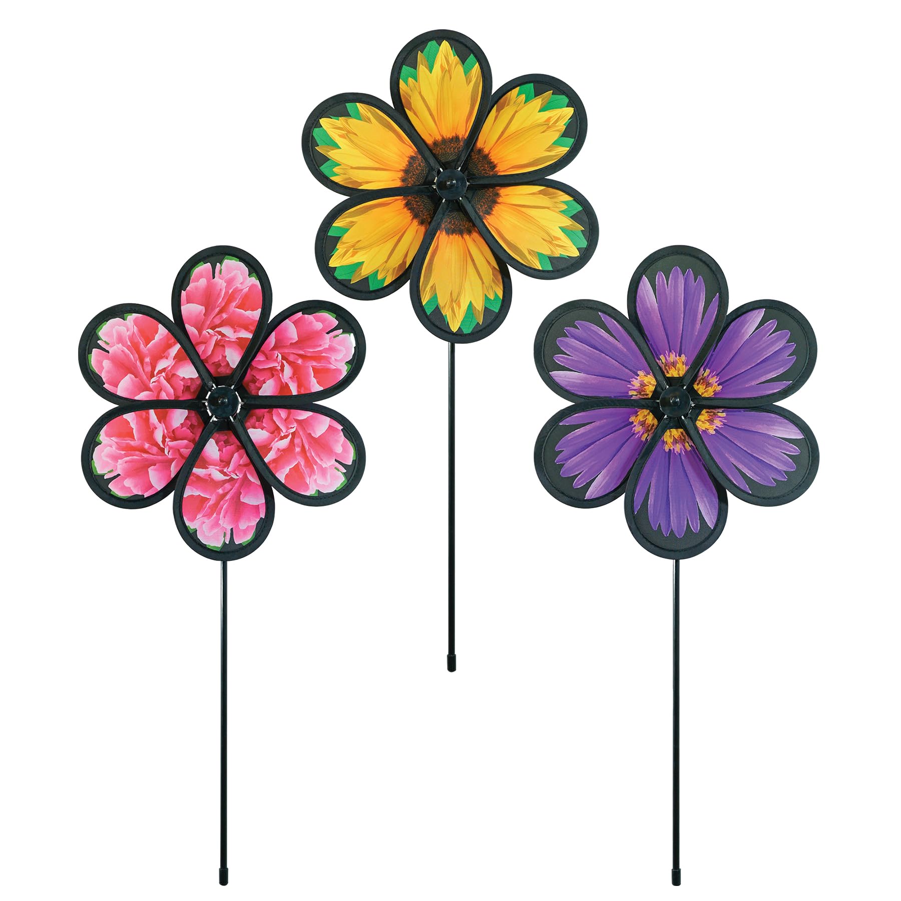 In The Breeze 2625 - 10-Inch Realistic Flower Spinner Assortment - 3 Pack - Colorful Flower Wind Spinners For Yards And Gardens