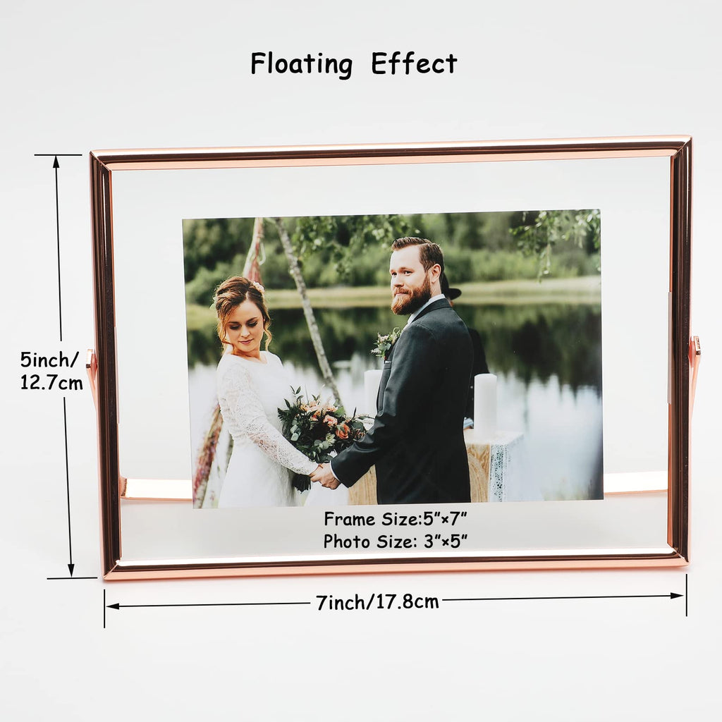 Ahago Rose Gold Floating Frame (5X7   , Horizontal), For Picture Sizes 4X6, 3X5, 2X3, Tabletop Shelf Photo Frame, Home Or Office