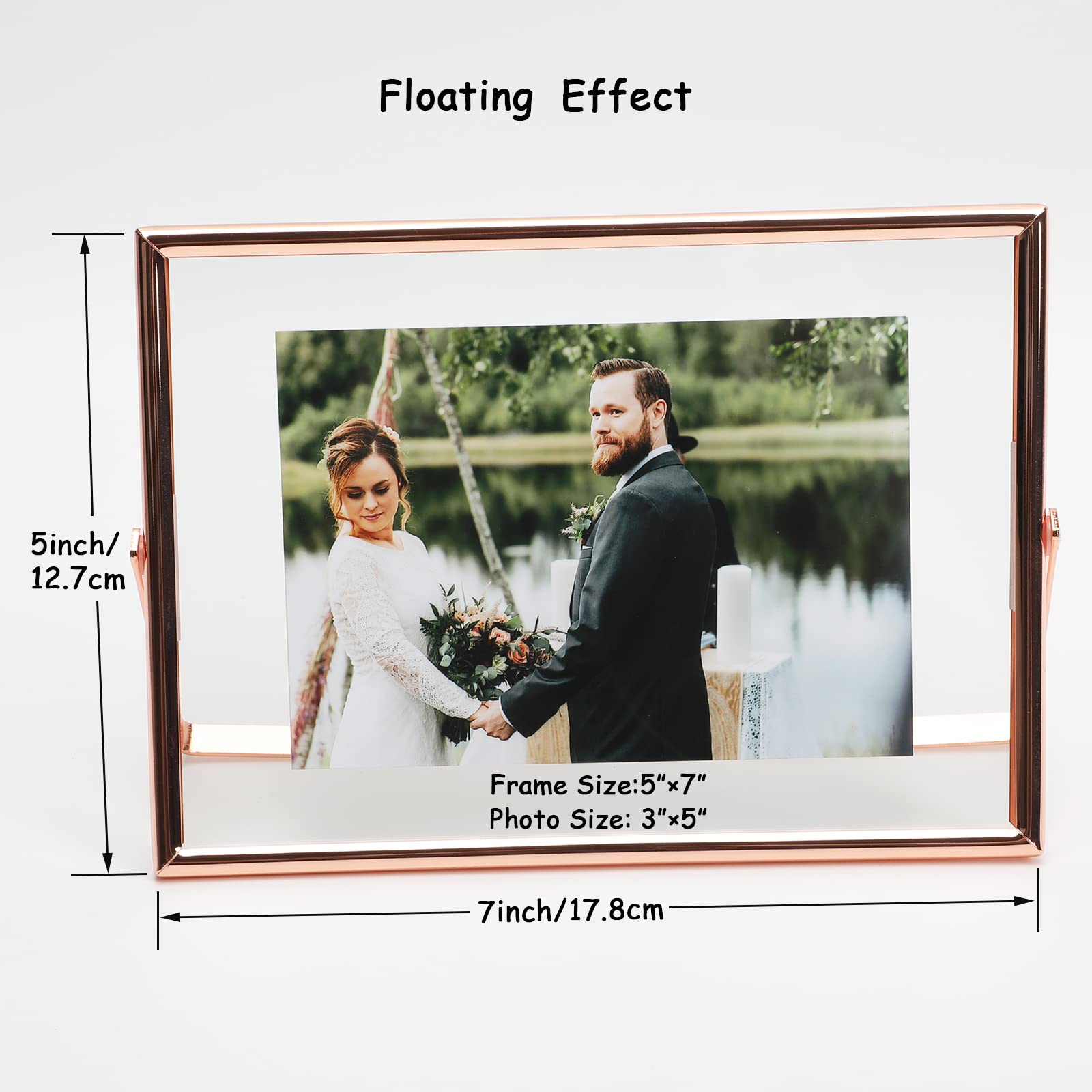 Ahago Rose Gold Floating Frame (5X7   , Horizontal), For Picture Sizes 4X6, 3X5, 2X3, Tabletop Shelf Photo Frame, Home Or Office