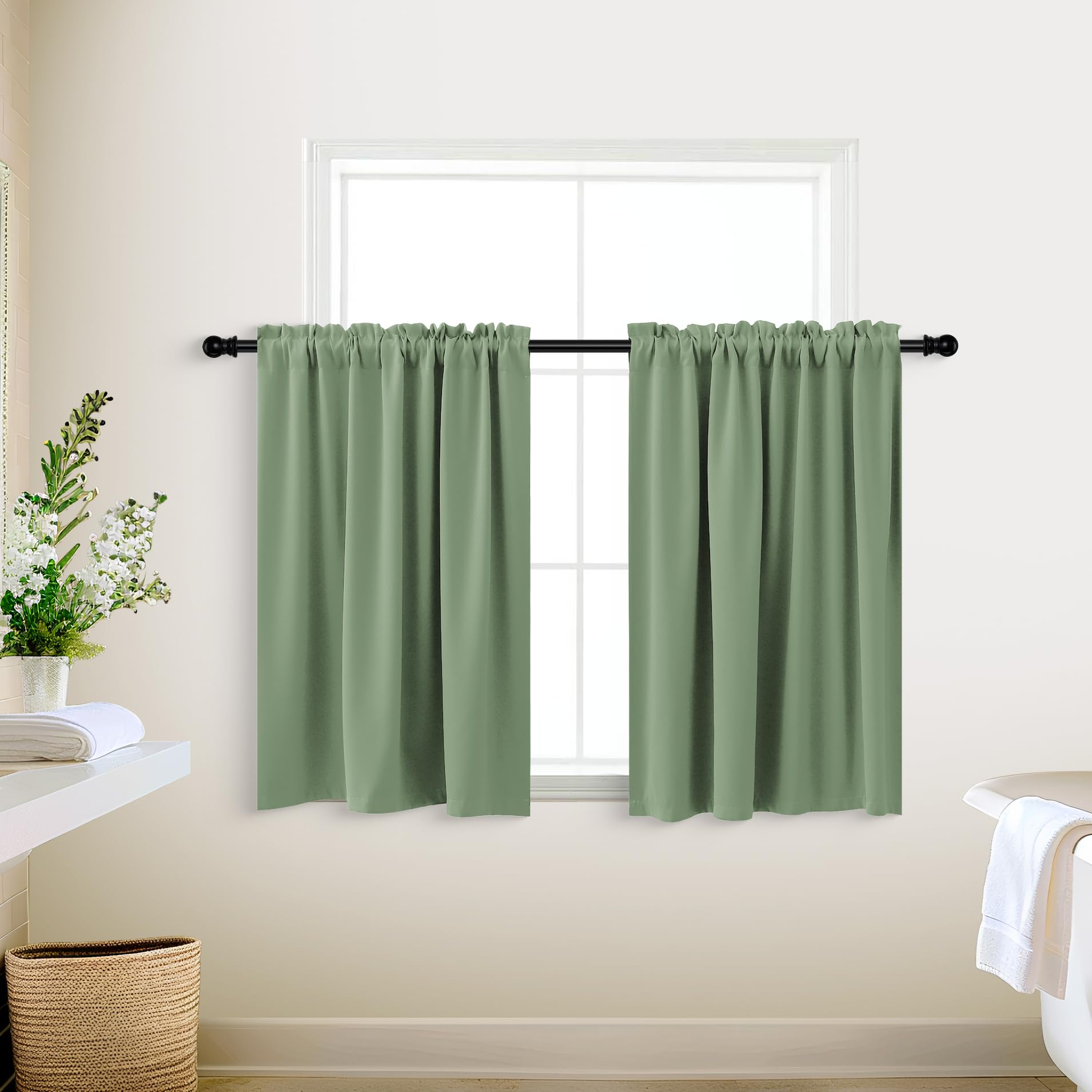 Koufall Kitchen Curtains 18 X 30 Inch Length,Not See Through Blackout Window Curtain Panels For Bathroom,Sage Green