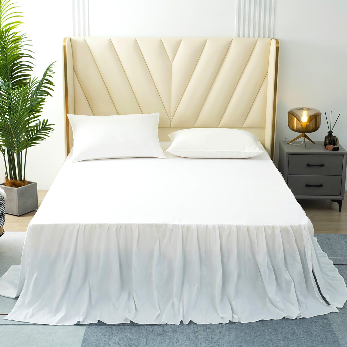 White Bed Skirt Queen Size Ruffled Bed Skirt With Split Corners, Queen Bed Skirt 22 Inch Drop, Tsutomi Queen Size Bed Skirt Whit