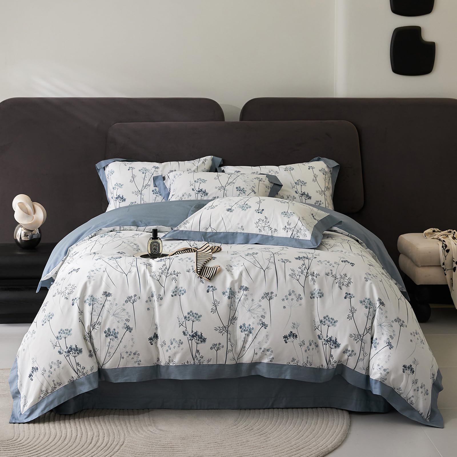 Highbuy Cute Blue Floral Duvet Cover Twin Boho Floral Cotton Soft Girl Twin Comforter Cover Cottagecore Flowers Plant Pattern Lu